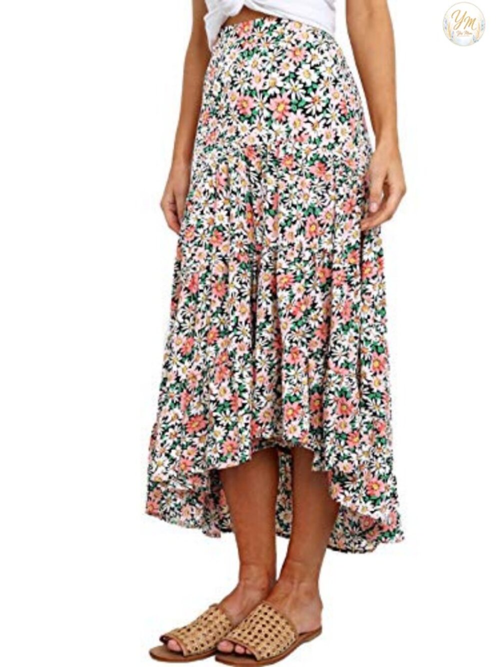 PRETTYGARDEN Ditzy Floral Print Midi Skirt High Low Hem
